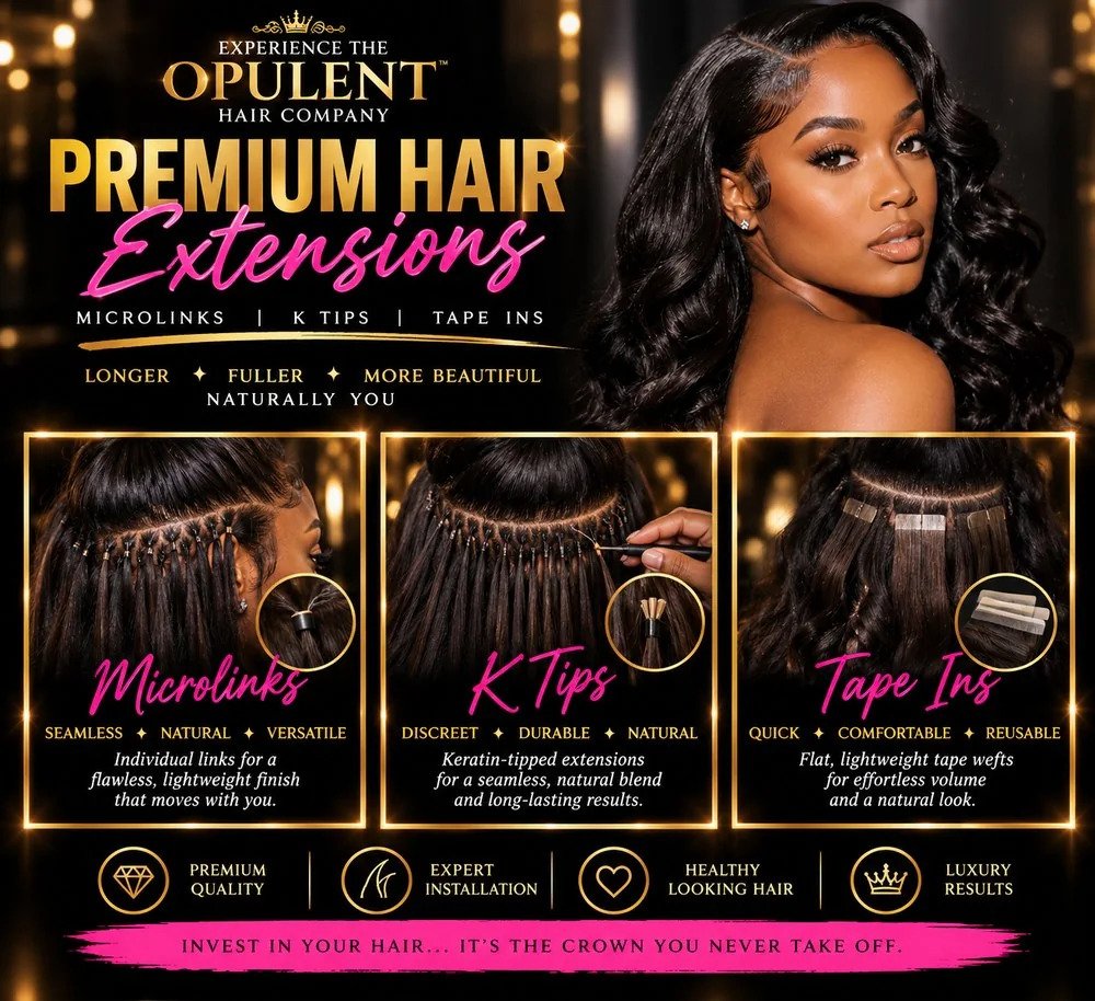 Premium Hair Extensions flyer: microlinks, K tips and tape ins